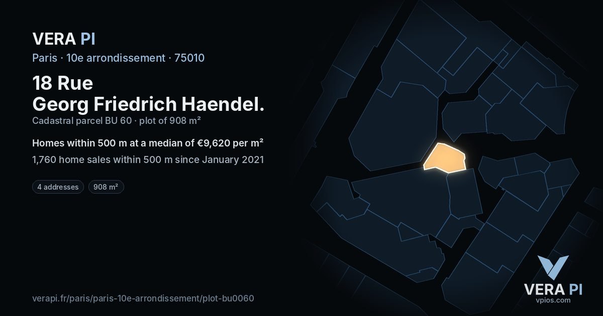18 Rue Georg Friedrich Haendel, 10e arrondissement at night – the plot lit, the parcels around coloured by the prices near them