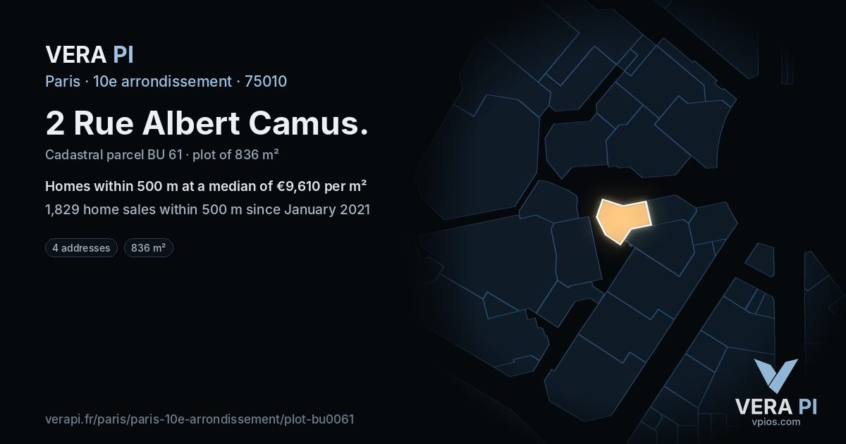 2 Rue Albert Camus, 10e arrondissement at night – the plot lit, the parcels around coloured by the prices near them