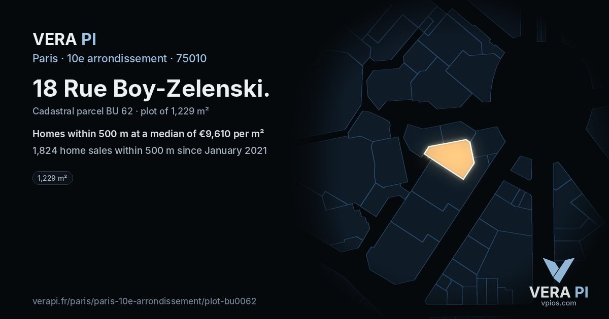 18 Rue Boy-Zelenski, 10e arrondissement at night – the plot lit, the parcels around coloured by the prices near them