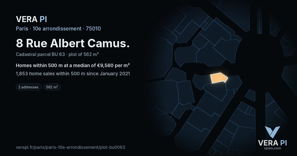8 Rue Albert Camus, 10e arrondissement at night – the plot lit, the parcels around coloured by the prices near them