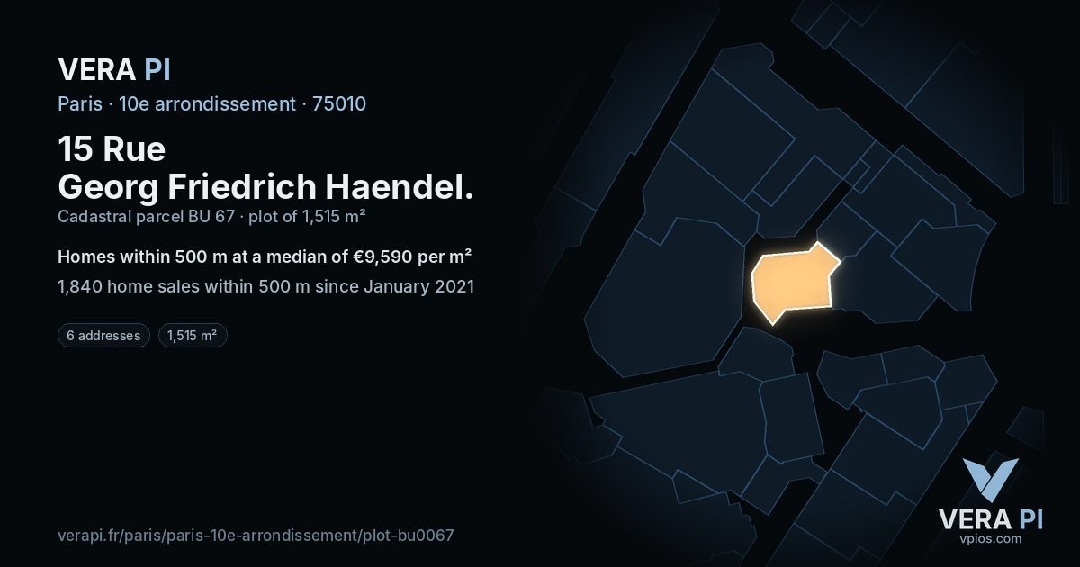 15 Rue Georg Friedrich Haendel, 10e arrondissement at night – the plot lit, the parcels around coloured by the prices near them