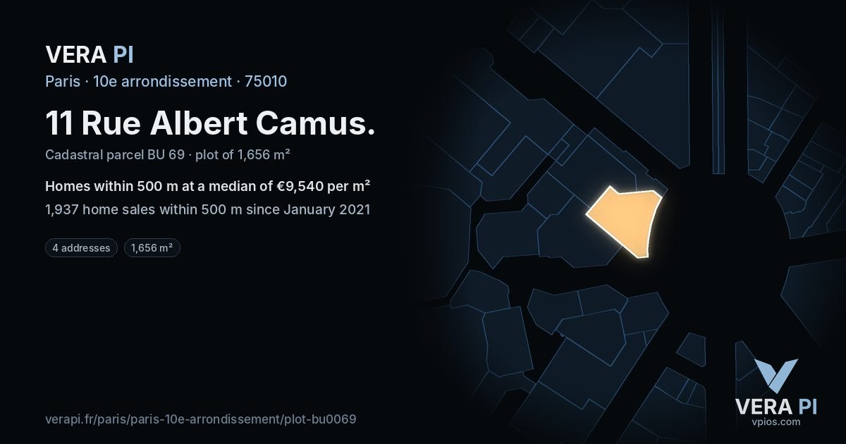 11 Rue Albert Camus, 10e arrondissement at night – the plot lit, the parcels around coloured by the prices near them