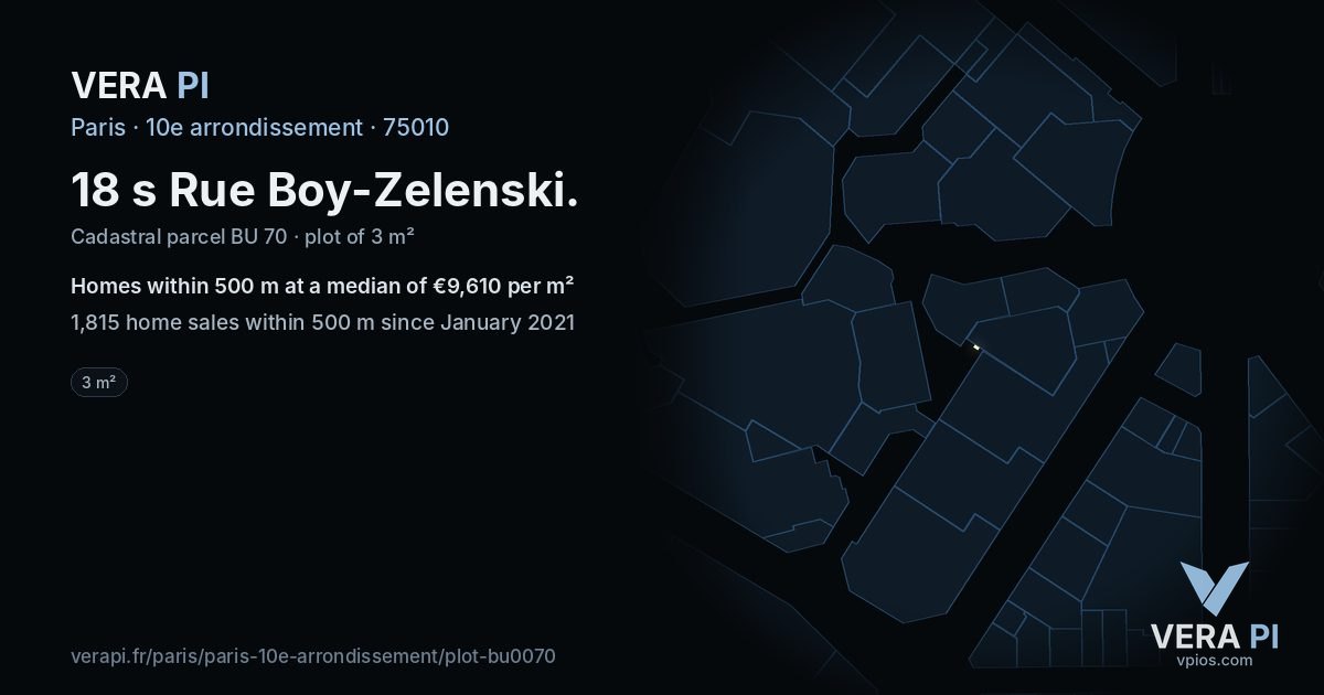 18 s Rue Boy-Zelenski, 10e arrondissement at night – the plot lit, the parcels around coloured by the prices near them