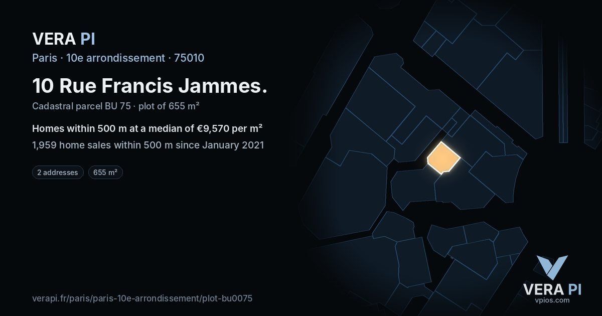 10 Rue Francis Jammes, 10e arrondissement at night – the plot lit, the parcels around coloured by the prices near them