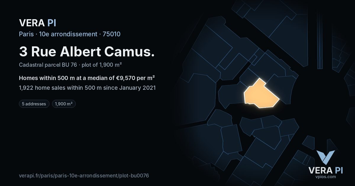 3 Rue Albert Camus, 10e arrondissement at night – the plot lit, the parcels around coloured by the prices near them