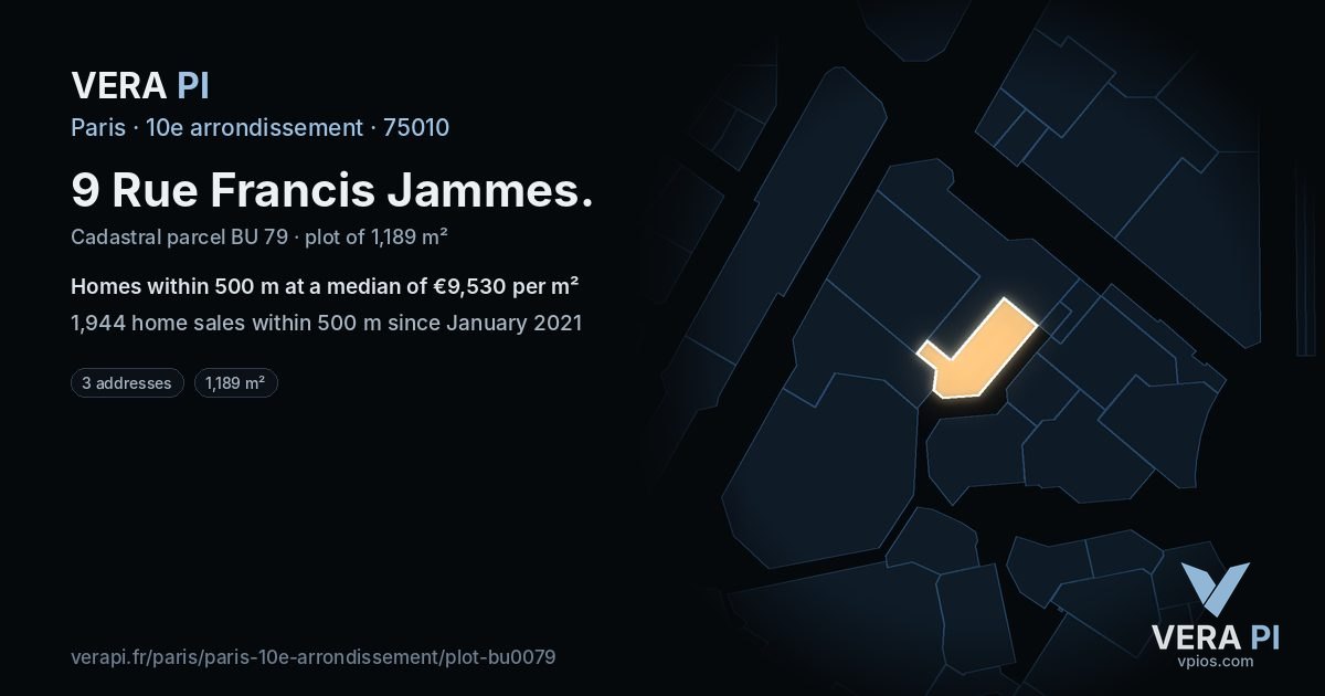 9 Rue Francis Jammes, 10e arrondissement at night – the plot lit, the parcels around coloured by the prices near them