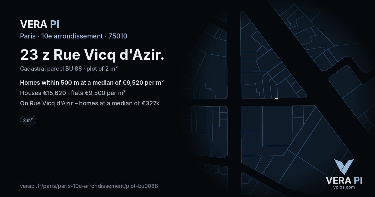 23 z Rue Vicq d'Azir, 10e arrondissement at night – the plot lit, the parcels around coloured by the prices near them