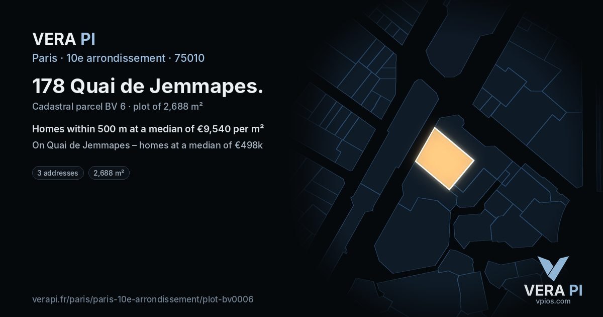 178 Quai de Jemmapes, 10e arrondissement at night – the plot lit, the parcels around coloured by the prices near them