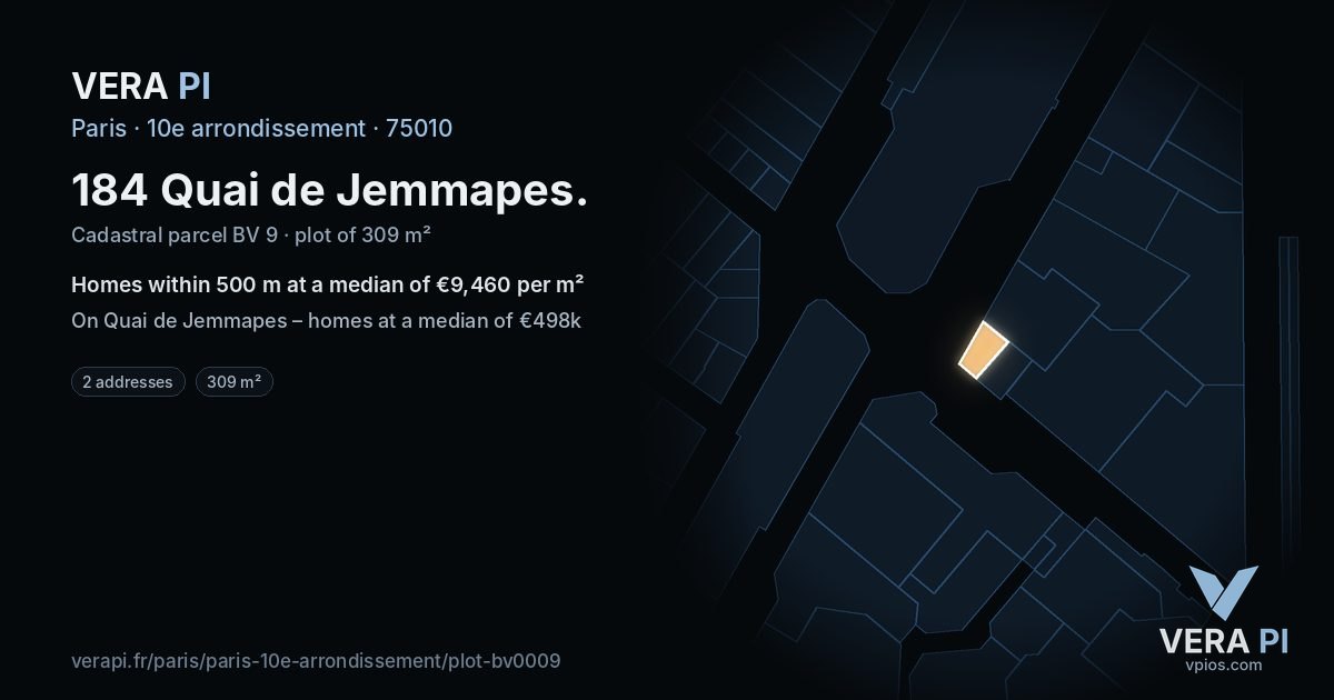 184 Quai de Jemmapes, 10e arrondissement at night – the plot lit, the parcels around coloured by the prices near them