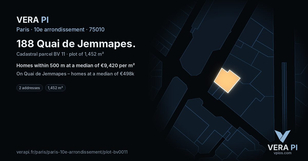 188 Quai de Jemmapes, 10e arrondissement at night – the plot lit, the parcels around coloured by the prices near them