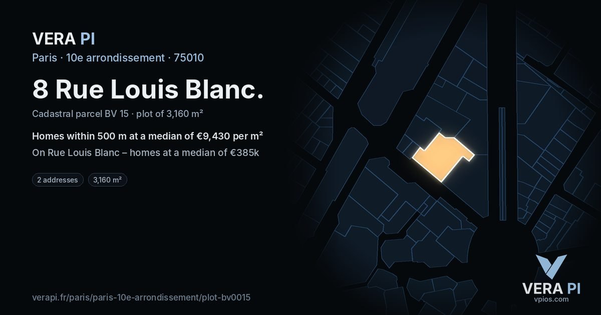 8 Rue Louis Blanc, 10e arrondissement at night – the plot lit, the parcels around coloured by the prices near them