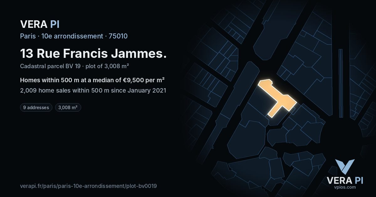 13 Rue Francis Jammes, 10e arrondissement at night – the plot lit, the parcels around coloured by the prices near them