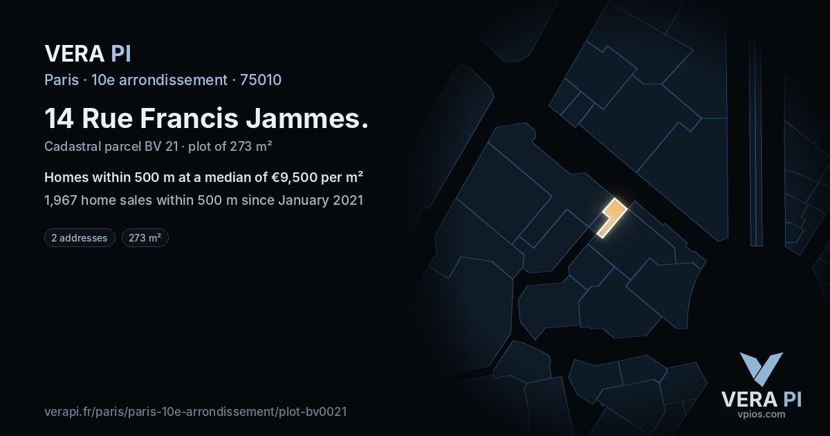 14 Rue Francis Jammes, 10e arrondissement at night – the plot lit, the parcels around coloured by the prices near them