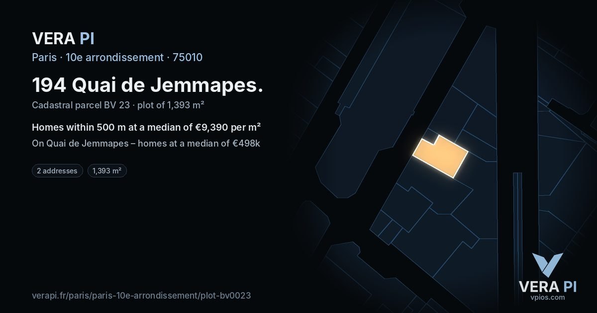 194 Quai de Jemmapes, 10e arrondissement at night – the plot lit, the parcels around coloured by the prices near them
