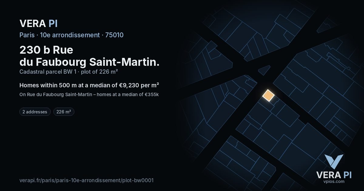 230 b Rue du Faubourg Saint-Martin, 10e arrondissement at night – the plot lit, the parcels around coloured by the prices near them