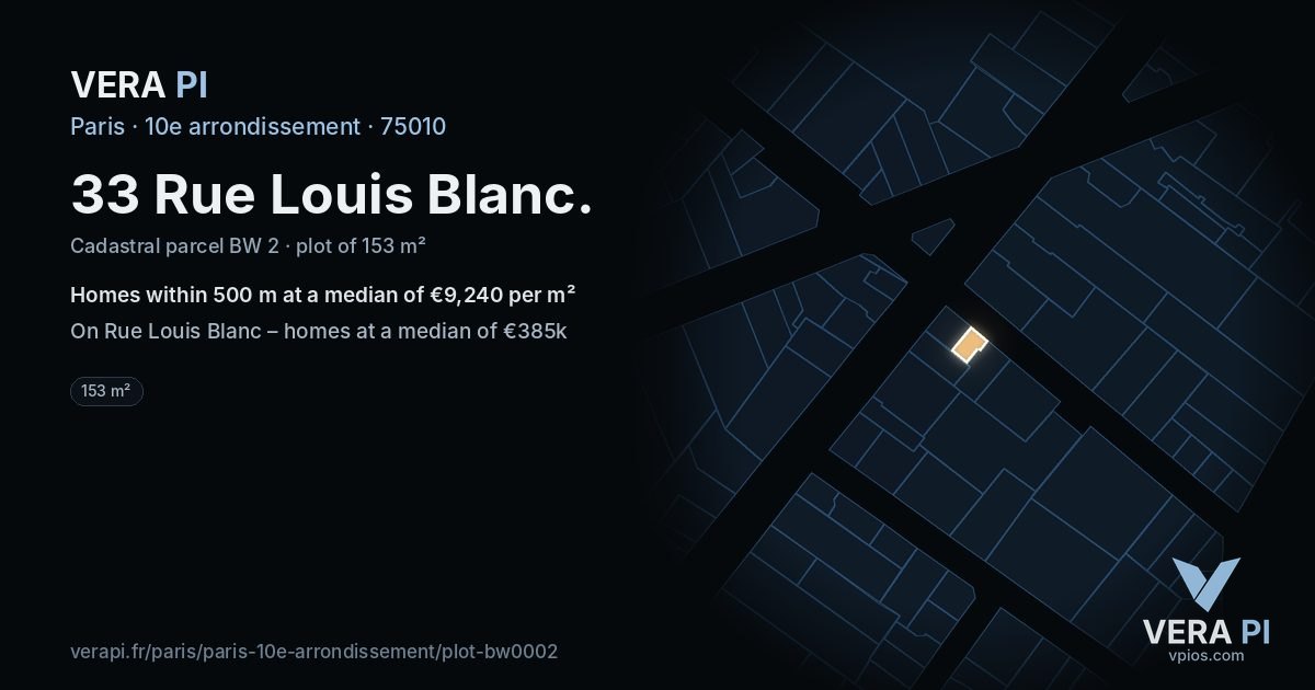 33 Rue Louis Blanc, 10e arrondissement at night – the plot lit, the parcels around coloured by the prices near them