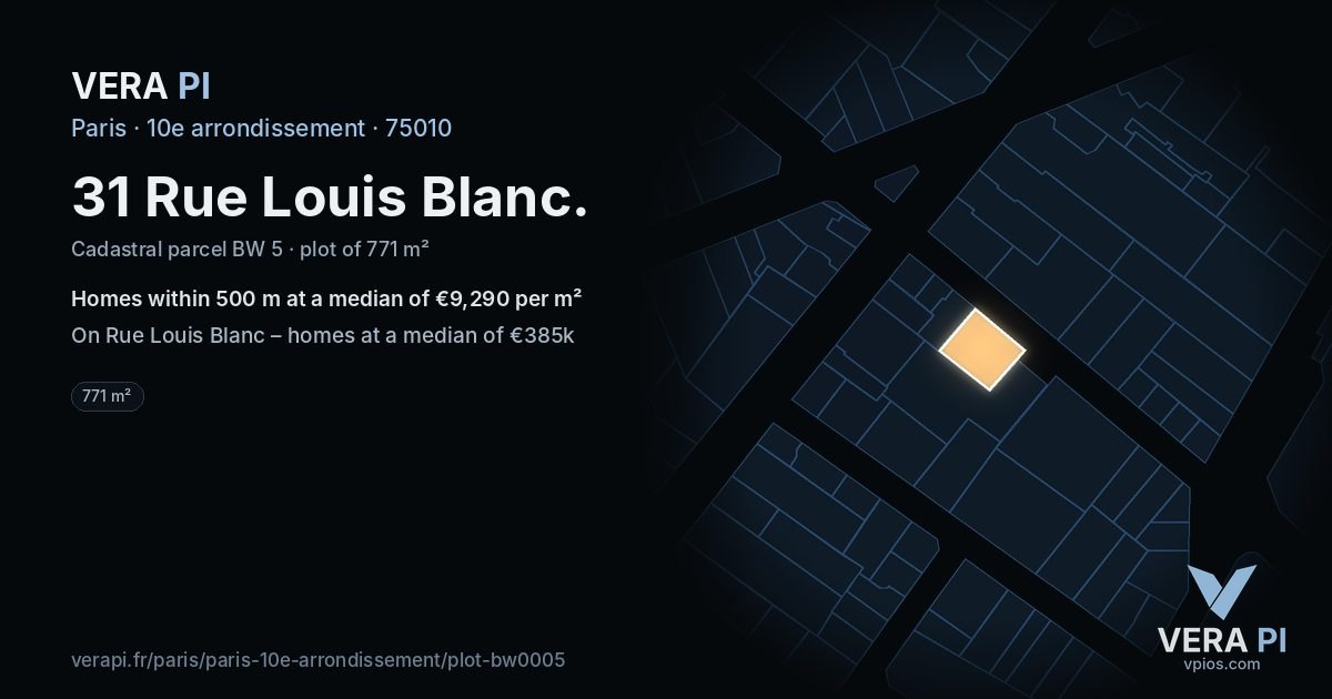 31 Rue Louis Blanc, 10e arrondissement at night – the plot lit, the parcels around coloured by the prices near them
