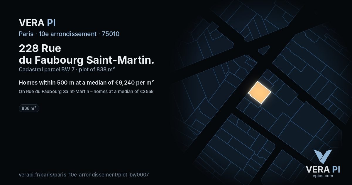 228 Rue du Faubourg Saint-Martin, 10e arrondissement at night – the plot lit, the parcels around coloured by the prices near them