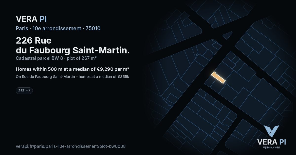 226 Rue du Faubourg Saint-Martin, 10e arrondissement at night – the plot lit, the parcels around coloured by the prices near them
