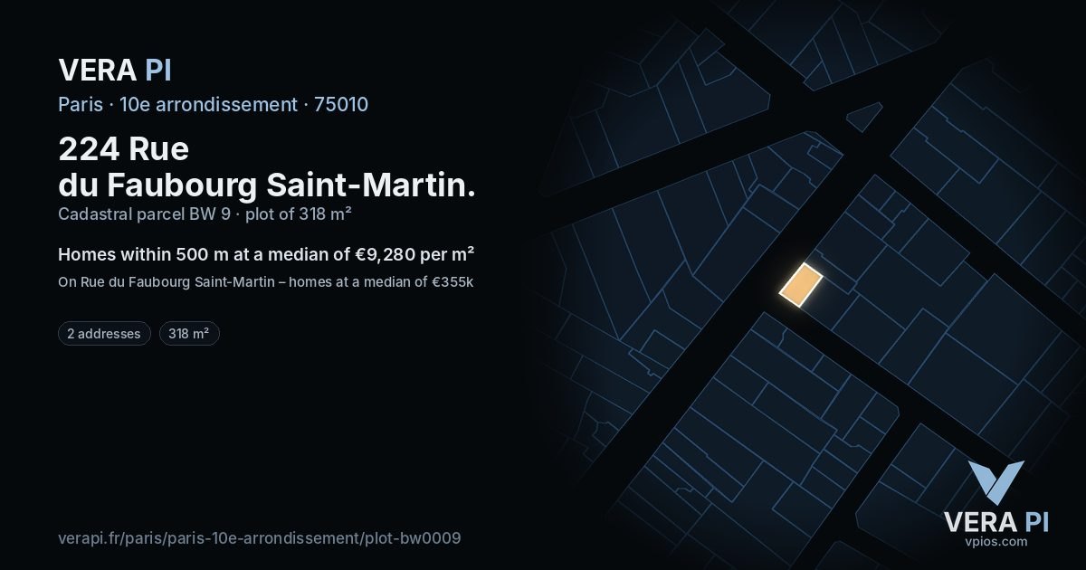 224 Rue du Faubourg Saint-Martin, 10e arrondissement at night – the plot lit, the parcels around coloured by the prices near them