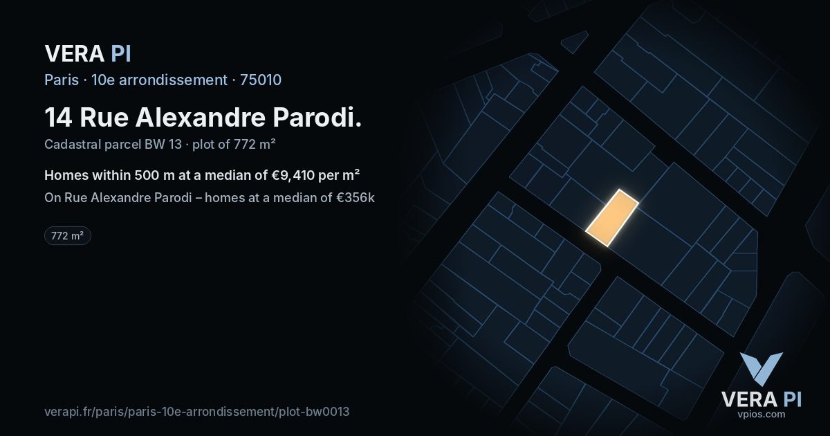 14 Rue Alexandre Parodi, 10e arrondissement at night – the plot lit, the parcels around coloured by the prices near them