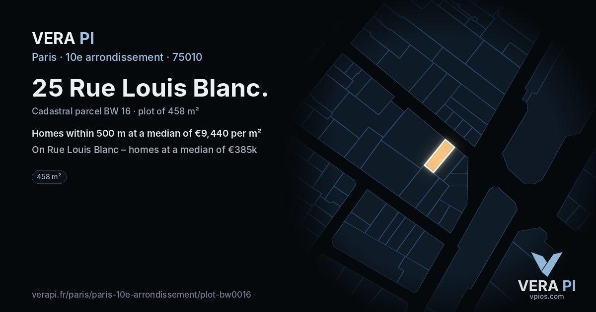25 Rue Louis Blanc, 10e arrondissement at night – the plot lit, the parcels around coloured by the prices near them