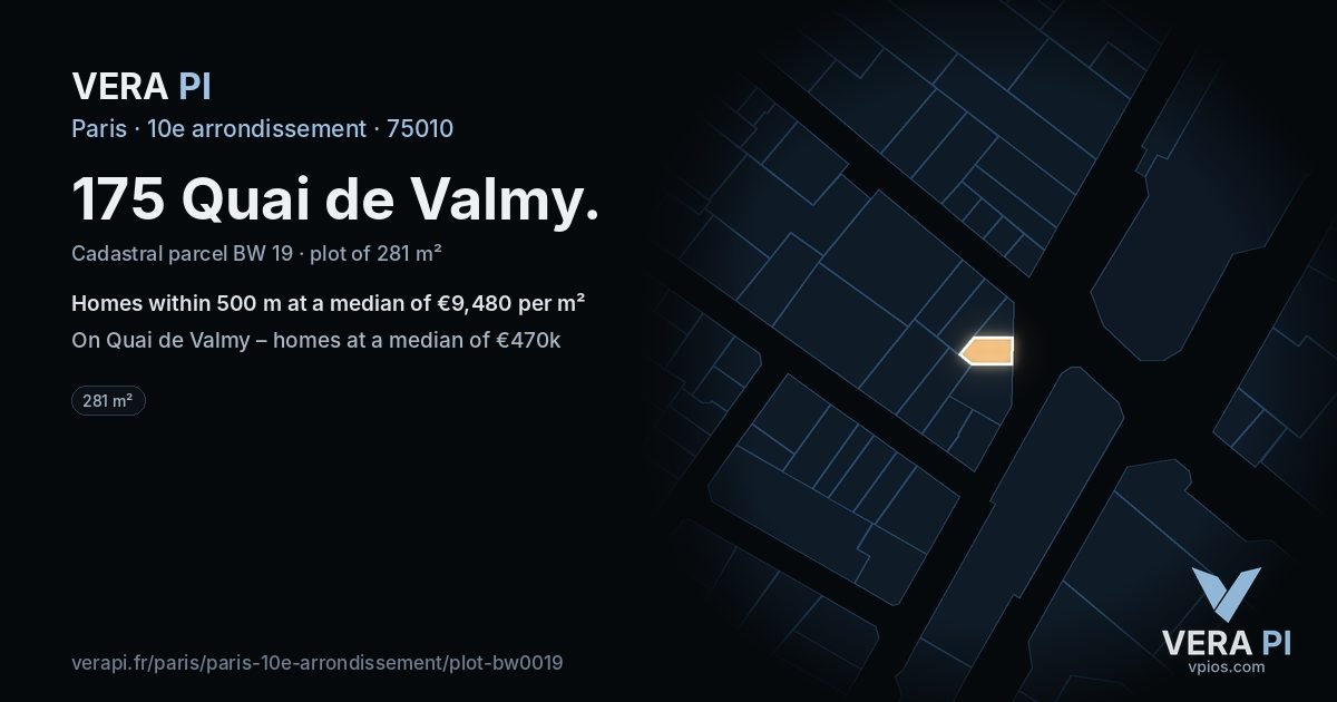 175 Quai de Valmy, 10e arrondissement at night – the plot lit, the parcels around coloured by the prices near them