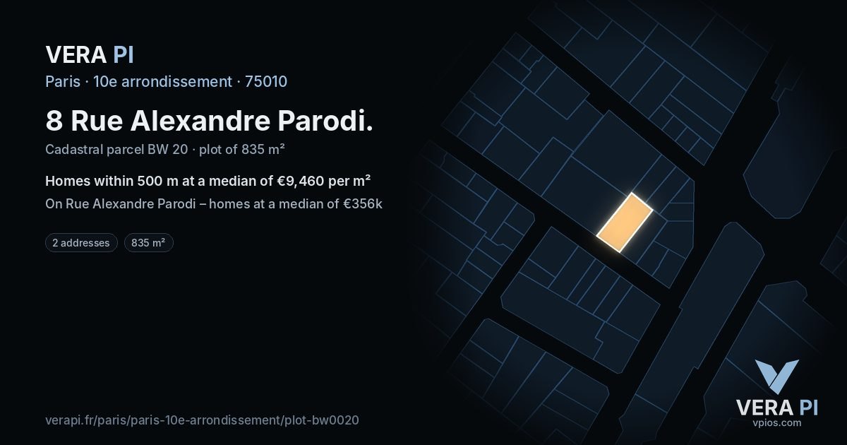 8 Rue Alexandre Parodi, 10e arrondissement at night – the plot lit, the parcels around coloured by the prices near them