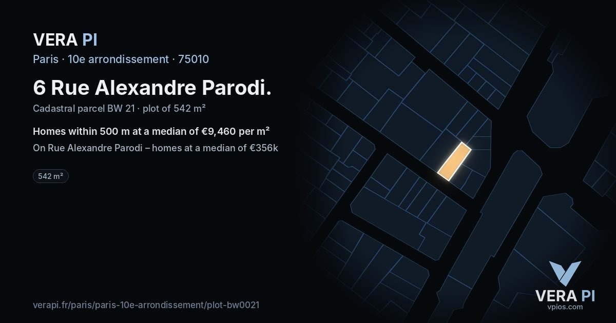 6 Rue Alexandre Parodi, 10e arrondissement at night – the plot lit, the parcels around coloured by the prices near them