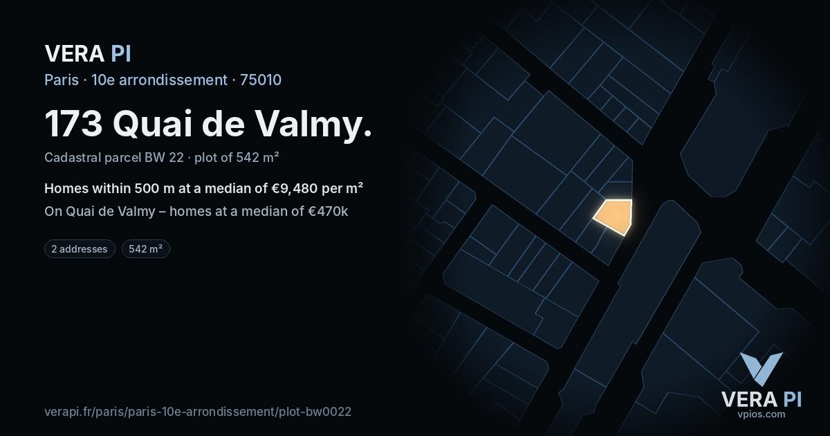 173 Quai de Valmy, 10e arrondissement at night – the plot lit, the parcels around coloured by the prices near them