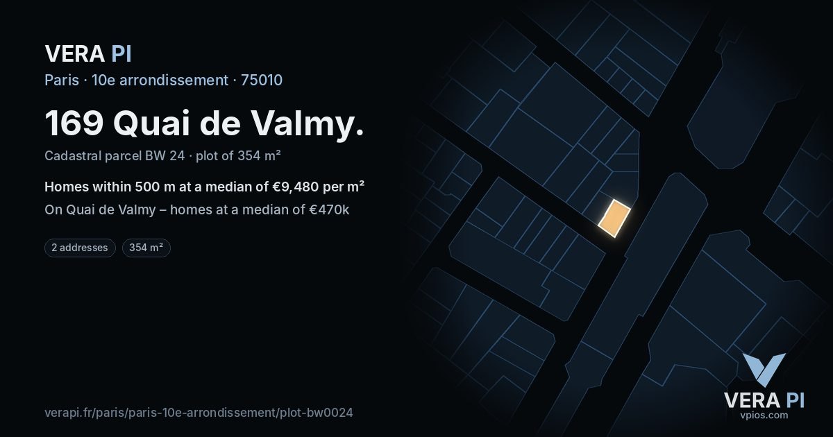 169 Quai de Valmy, 10e arrondissement at night – the plot lit, the parcels around coloured by the prices near them