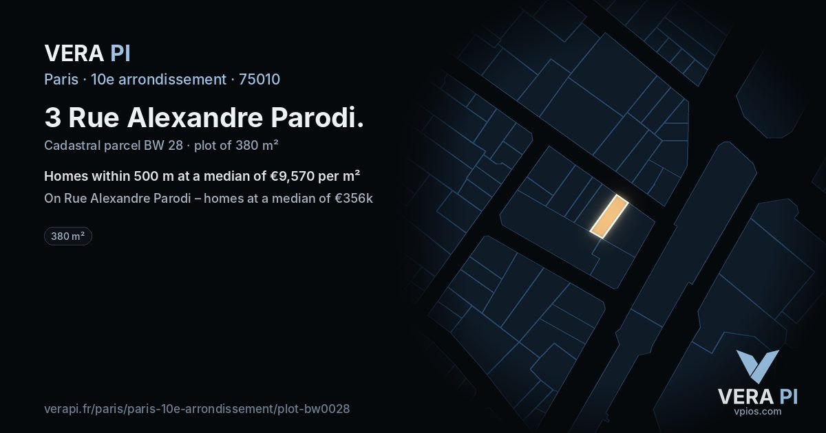 3 Rue Alexandre Parodi, 10e arrondissement at night – the plot lit, the parcels around coloured by the prices near them