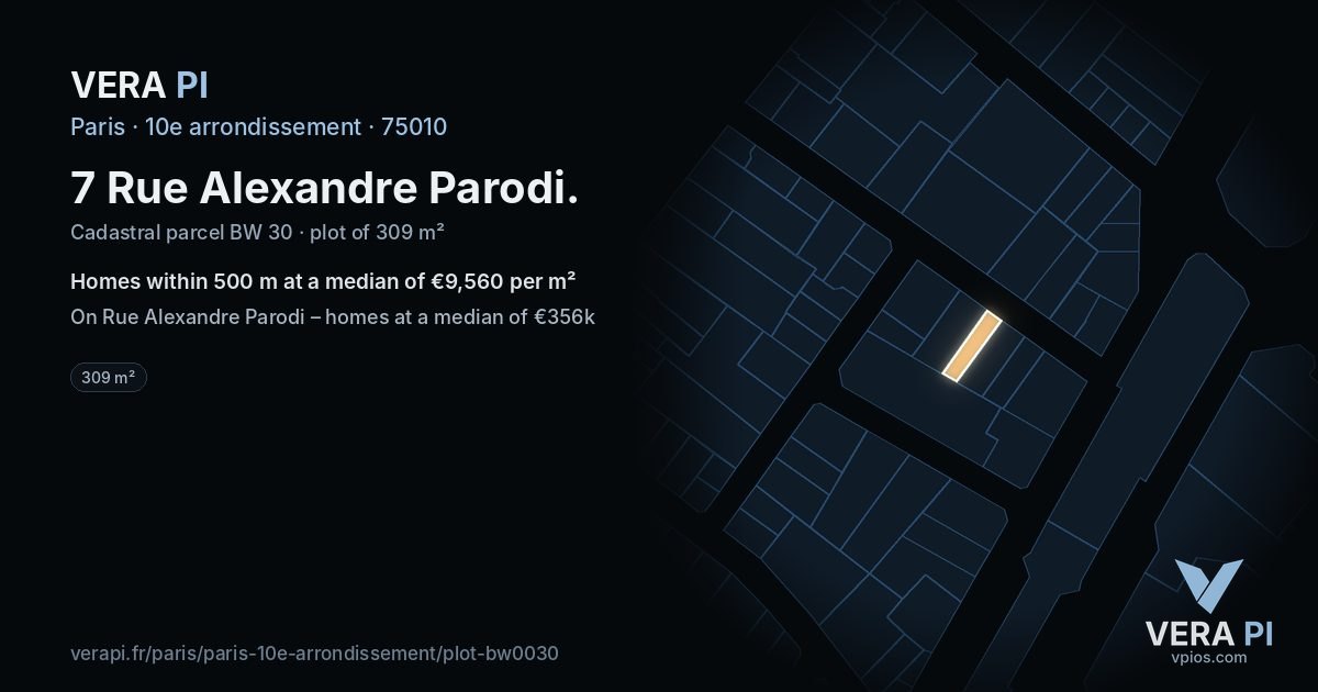 7 Rue Alexandre Parodi, 10e arrondissement at night – the plot lit, the parcels around coloured by the prices near them