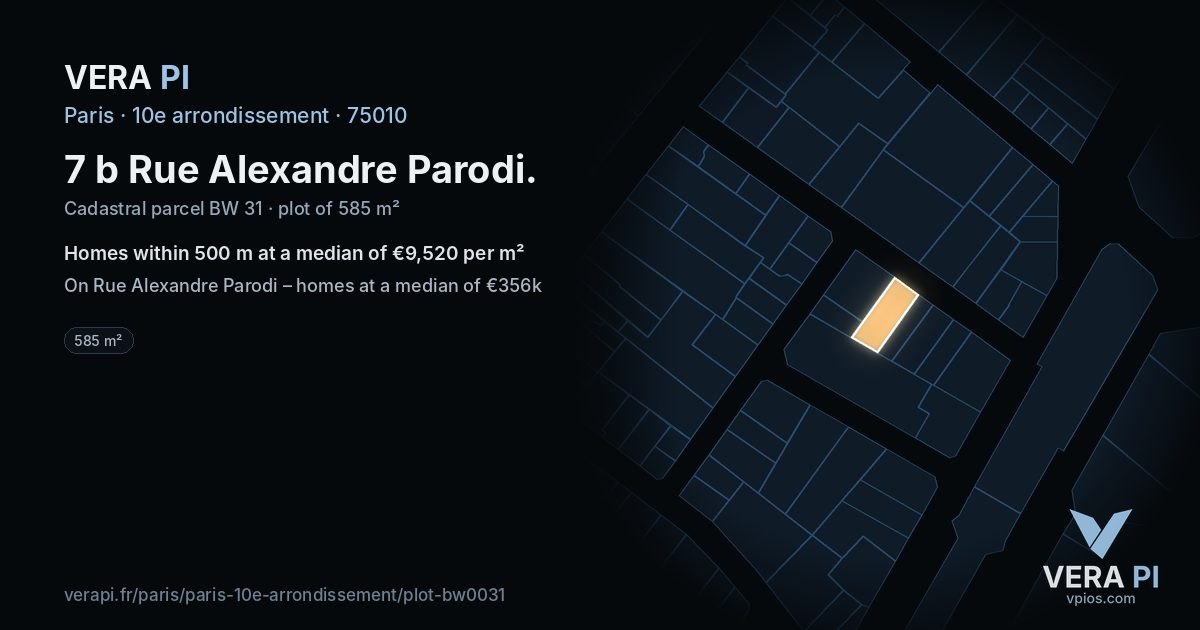 7 b Rue Alexandre Parodi, 10e arrondissement at night – the plot lit, the parcels around coloured by the prices near them