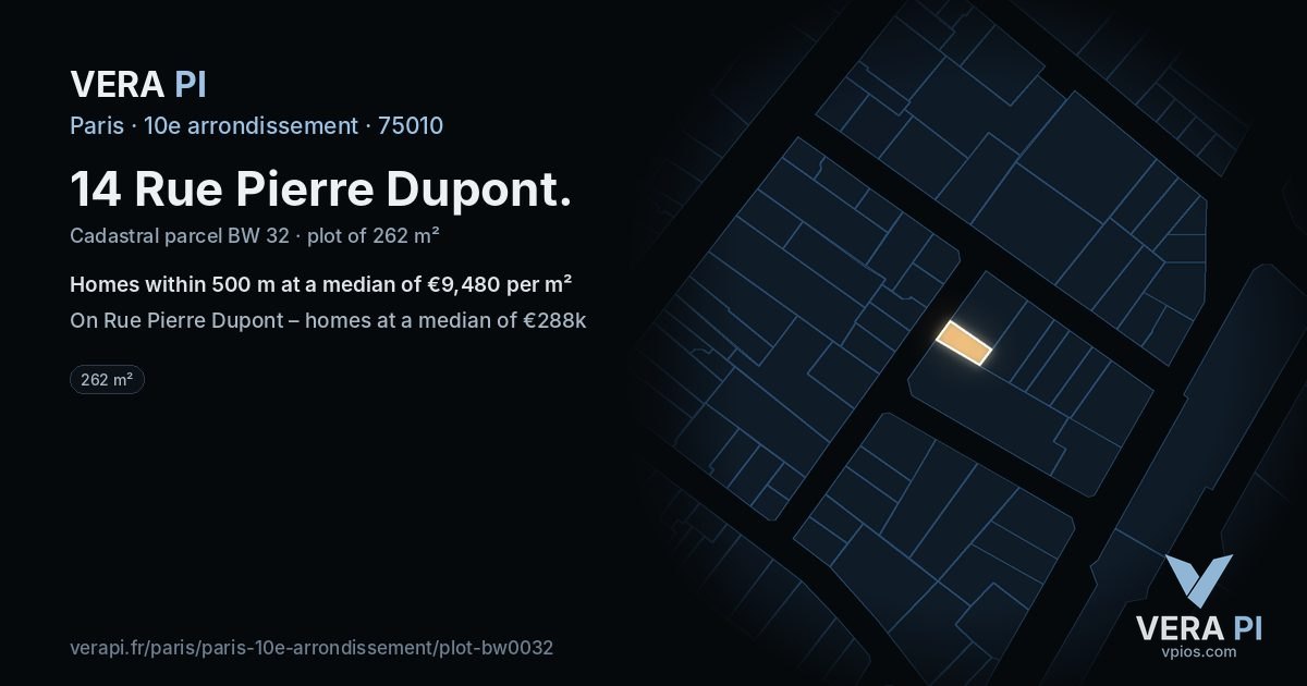 14 Rue Pierre Dupont, 10e arrondissement at night – the plot lit, the parcels around coloured by the prices near them