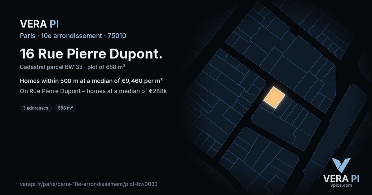 16 Rue Pierre Dupont, 10e arrondissement at night – the plot lit, the parcels around coloured by the prices near them