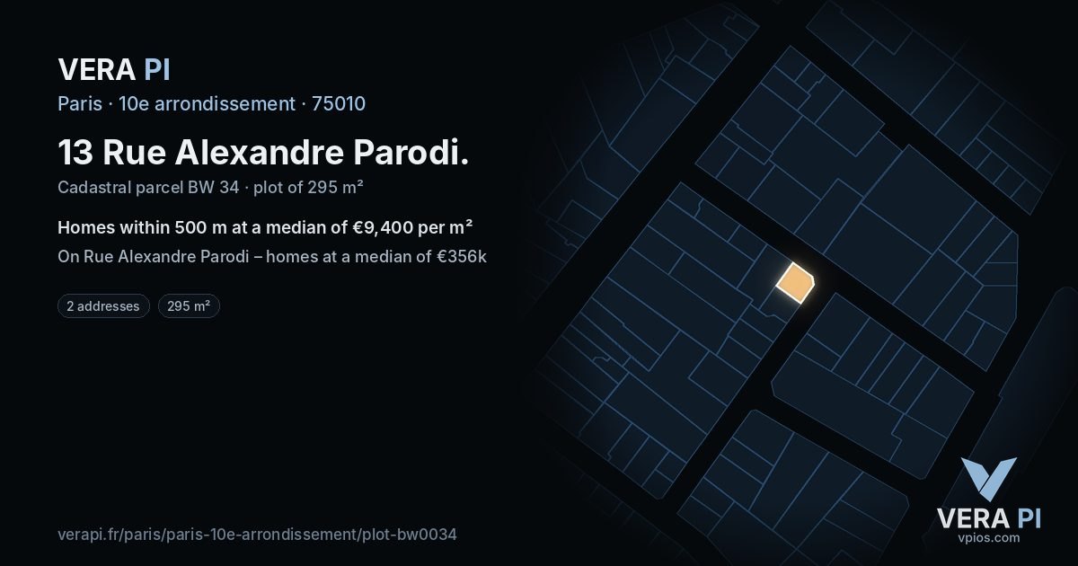 13 Rue Alexandre Parodi, 10e arrondissement at night – the plot lit, the parcels around coloured by the prices near them