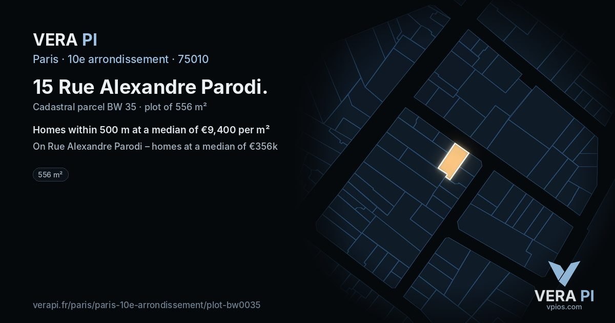 15 Rue Alexandre Parodi, 10e arrondissement at night – the plot lit, the parcels around coloured by the prices near them