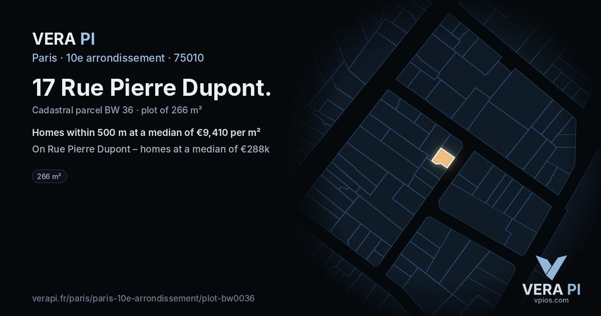 17 Rue Pierre Dupont, 10e arrondissement at night – the plot lit, the parcels around coloured by the prices near them