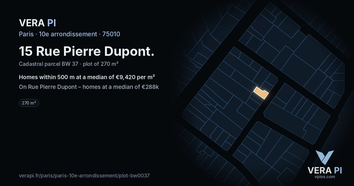 15 Rue Pierre Dupont, 10e arrondissement at night – the plot lit, the parcels around coloured by the prices near them