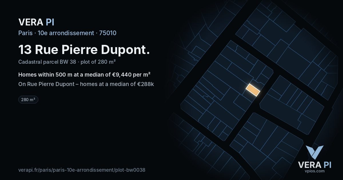13 Rue Pierre Dupont, 10e arrondissement at night – the plot lit, the parcels around coloured by the prices near them