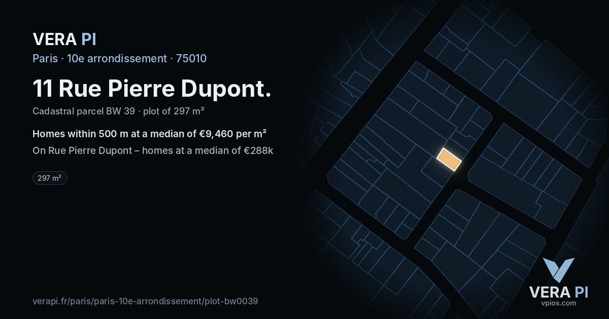 11 Rue Pierre Dupont, 10e arrondissement at night – the plot lit, the parcels around coloured by the prices near them