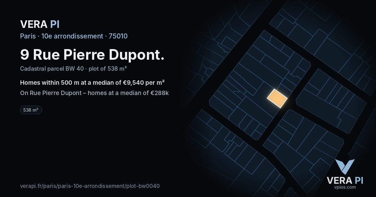 9 Rue Pierre Dupont, 10e arrondissement at night – the plot lit, the parcels around coloured by the prices near them