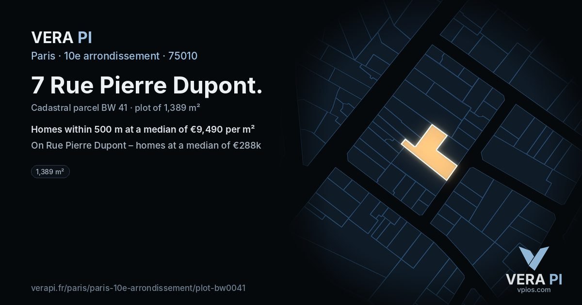 7 Rue Pierre Dupont, 10e arrondissement at night – the plot lit, the parcels around coloured by the prices near them