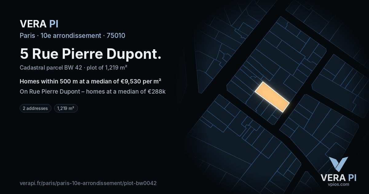5 Rue Pierre Dupont, 10e arrondissement at night – the plot lit, the parcels around coloured by the prices near them