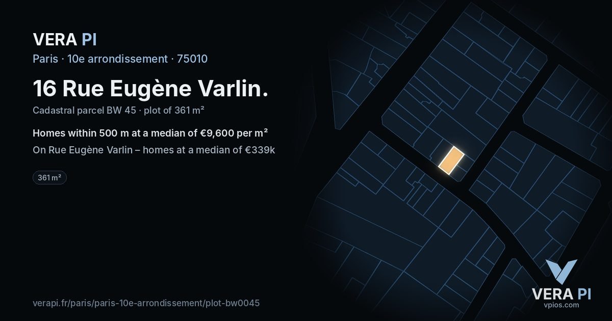 16 Rue Eugène Varlin, 10e arrondissement at night – the plot lit, the parcels around coloured by the prices near them