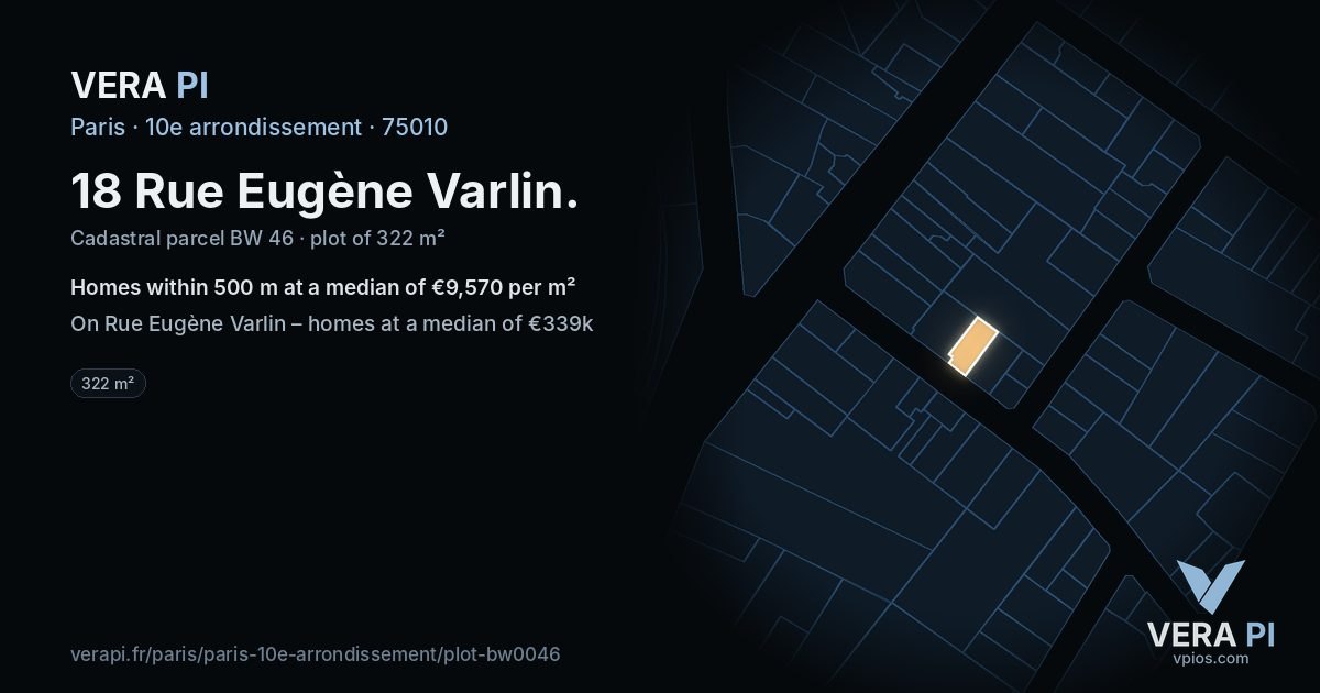 18 Rue Eugène Varlin, 10e arrondissement at night – the plot lit, the parcels around coloured by the prices near them