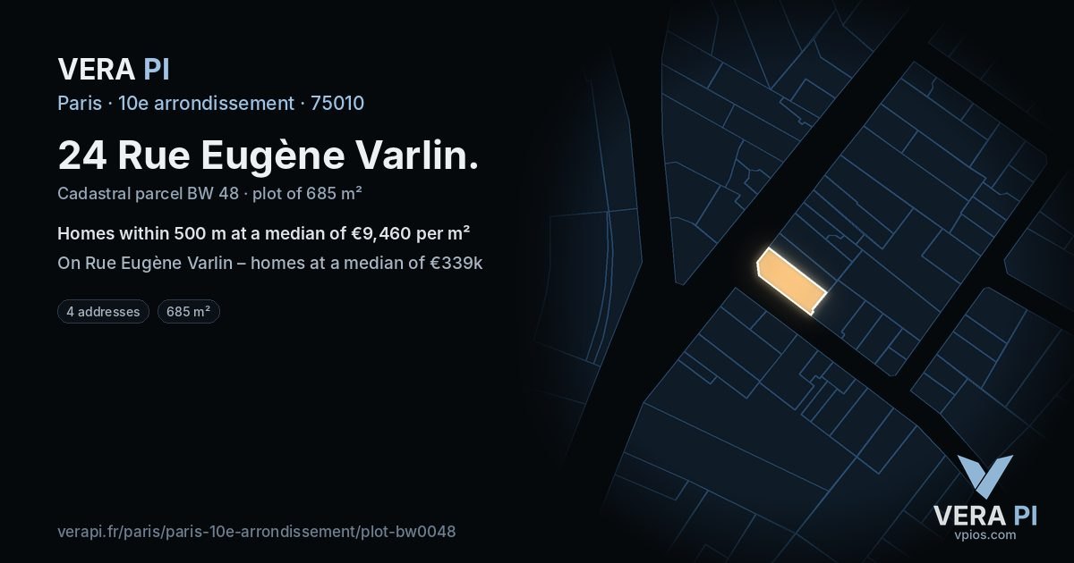 24 Rue Eugène Varlin, 10e arrondissement at night – the plot lit, the parcels around coloured by the prices near them
