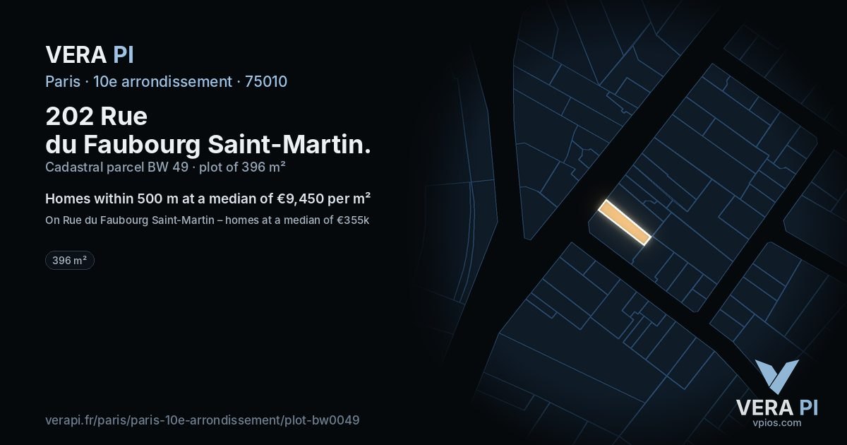 202 Rue du Faubourg Saint-Martin, 10e arrondissement at night – the plot lit, the parcels around coloured by the prices near them