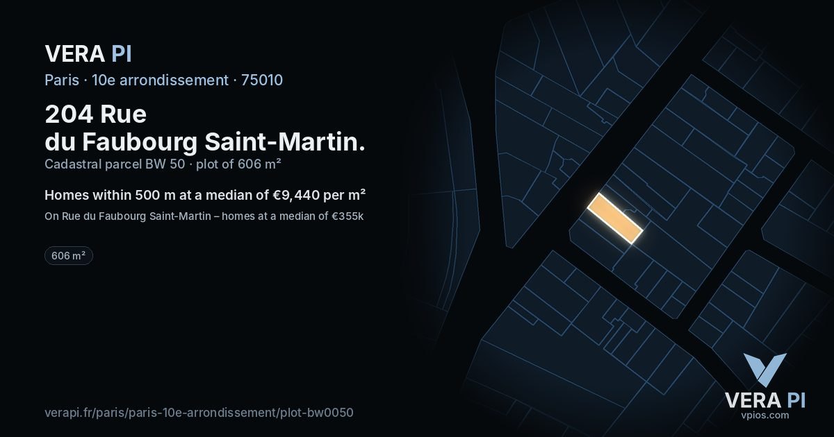 204 Rue du Faubourg Saint-Martin, 10e arrondissement at night – the plot lit, the parcels around coloured by the prices near them
